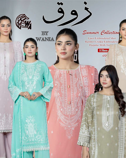 Embroidered Lawn with Bamber Crinkle Dupatta 3Pc - Wania