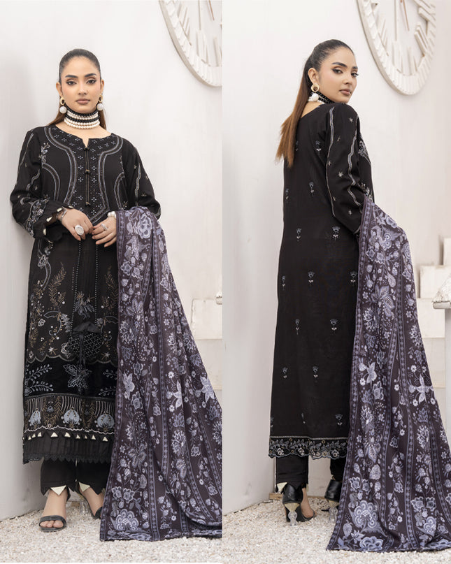 Exclusive Embroidered Dhanak with Hering Boon Printed Shawl - Eleganza