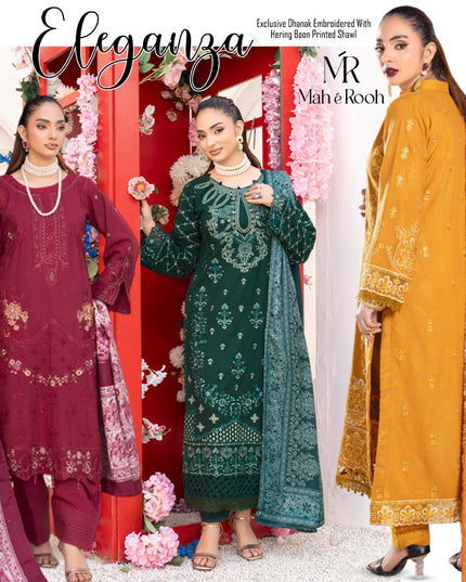 Exclusive Embroidered Dhanak with Hering Boon Printed Shawl - Eleganza