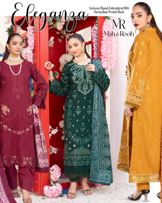 Exclusive Embroidered Dhanak with Hering Boon Printed Shawl - Eleganza