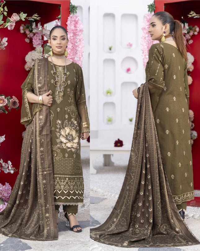 Exclusive Embroidered Dhanak with Hering Boon Printed Shawl - Eleganza