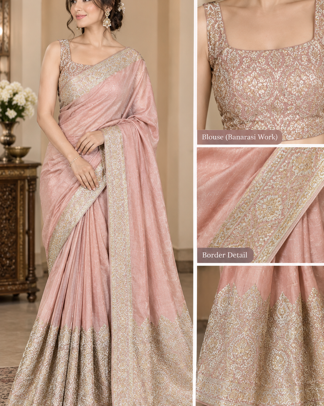 Indian Silk Banarasi Saree - Pink Peach Unstitched