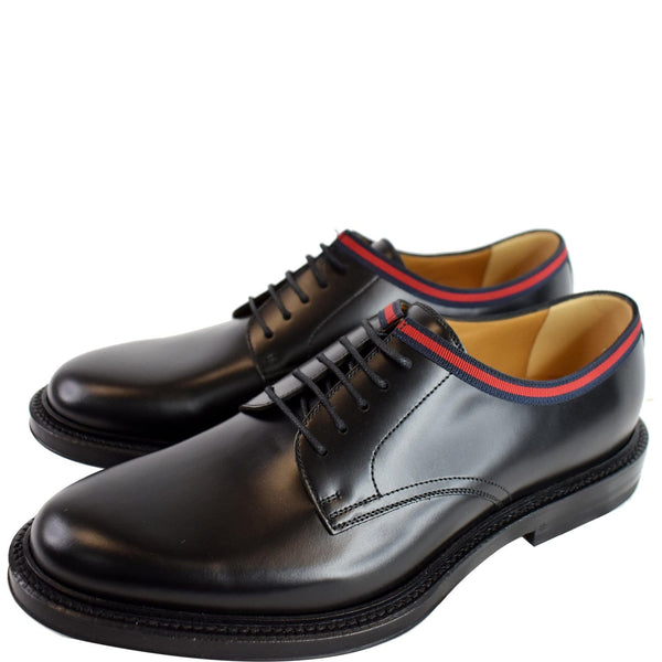 GUCCI Classic Web Lace Up Shiny Leather Shoes Black 472749  US 7