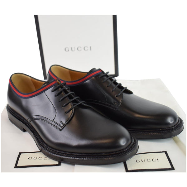 GUCCI Classic Web Lace Up Shiny Leather Shoes Black 472749  US 7