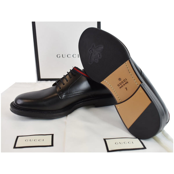 GUCCI Classic Web Lace Up Shiny Leather Shoes Black 472749  US 7