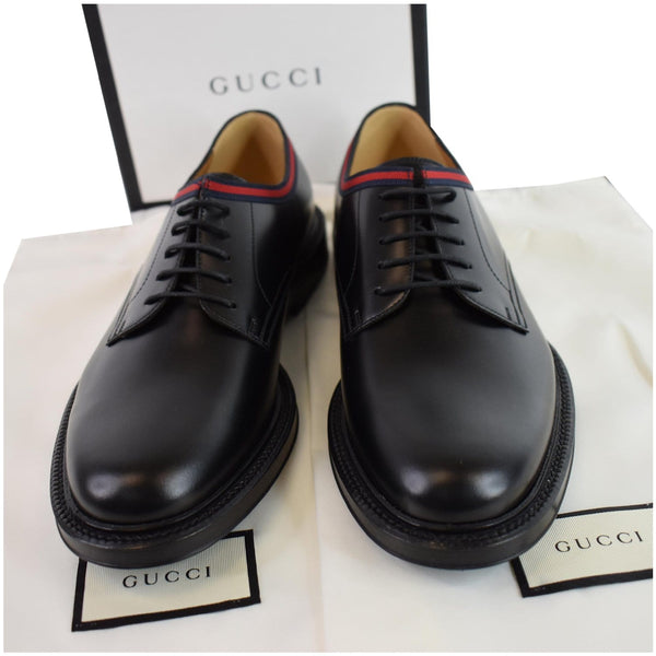 GUCCI Classic Web Lace Up Shiny Leather Shoes Black 472749  US 7