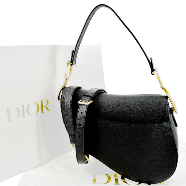 CHRISTIAN DIOR Saddle Grained Calfskin Leather Satchel Shoulder Bag Black