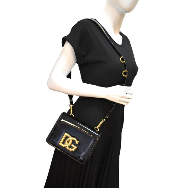 DOLCE & GABBANA Logo Patent Leather Crossbody Bag Black