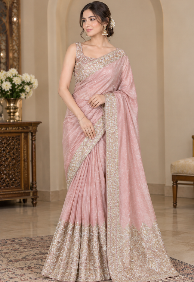 Indian Silk Banarasi Saree - Pink Peach Unstitched