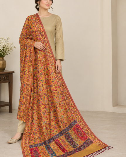 Exquisite Pure Indian Kani Silk Shawl - Flowery Motive Style