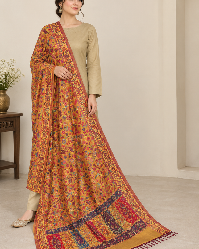 Exquisite Pure Indian Kani Silk Shawl - Flowery Motive Style