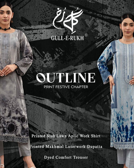 Printed Slub Lawn with Makhmal Laserwork Dupatta 3Pc - Gull e Rukh (Outline) Book #641