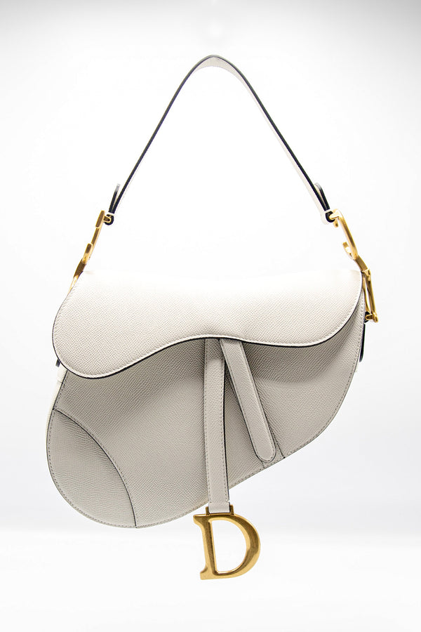 CHRISTIAN DIOR Saddle Grained Calfskin Leather Shoulder Bag Ivory