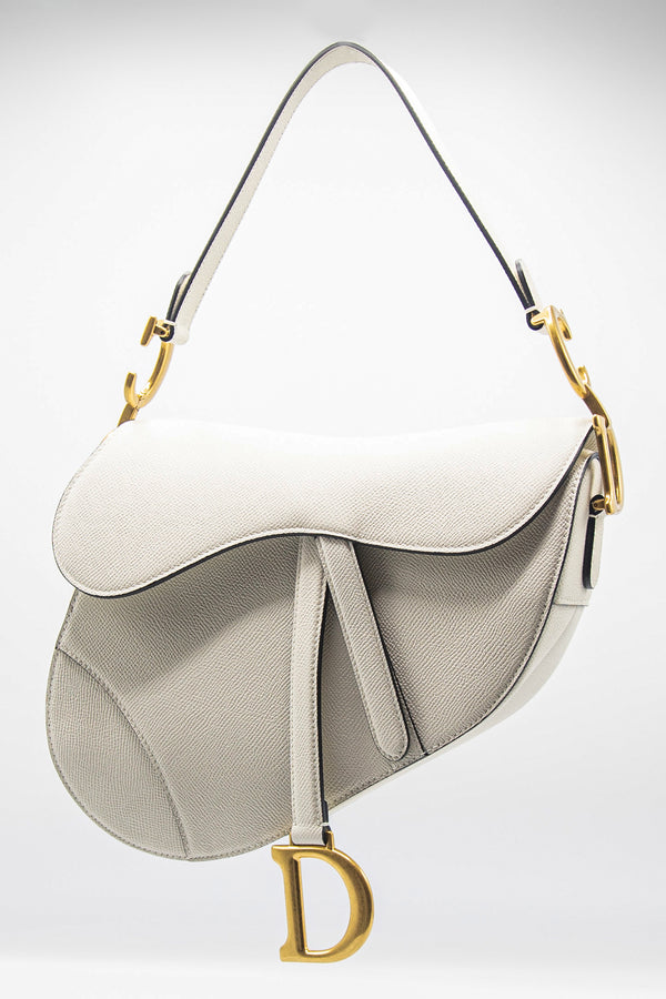 CHRISTIAN DIOR Saddle Grained Calfskin Leather Shoulder Bag Ivory