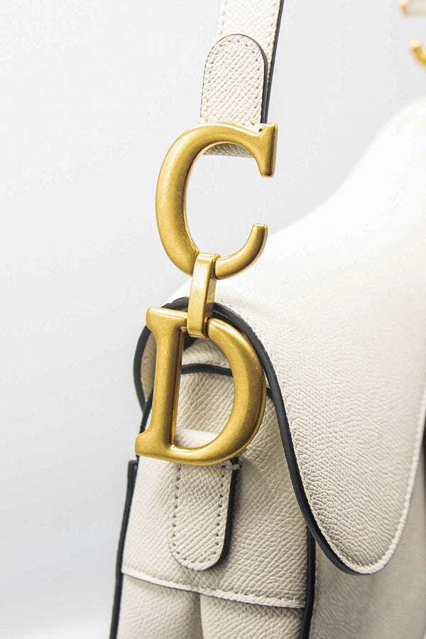 CHRISTIAN DIOR Saddle Grained Calfskin Leather Shoulder Bag Ivory