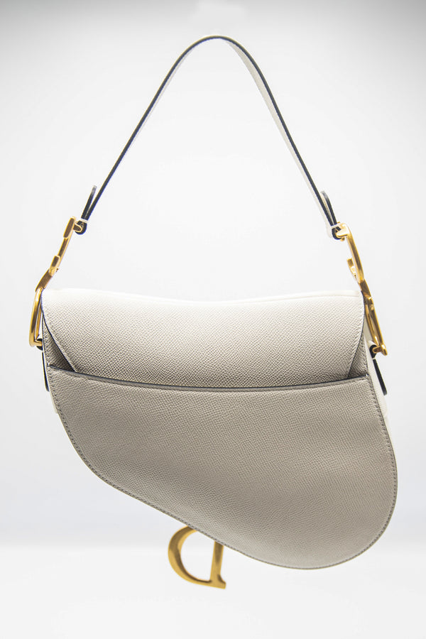 CHRISTIAN DIOR Saddle Grained Calfskin Leather Shoulder Bag Ivory