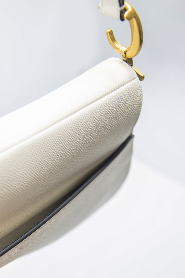 CHRISTIAN DIOR Saddle Grained Calfskin Leather Shoulder Bag Ivory