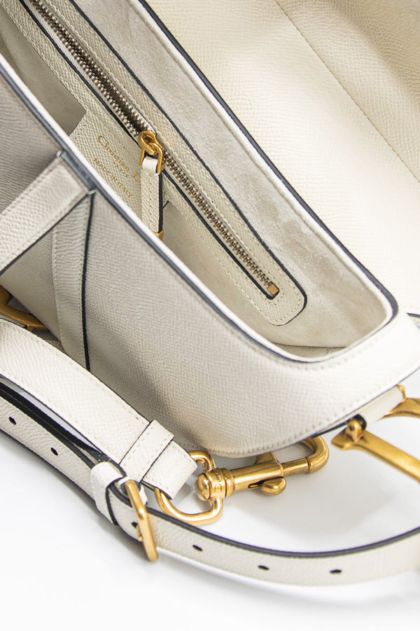 CHRISTIAN DIOR Saddle Grained Calfskin Leather Shoulder Bag Ivory