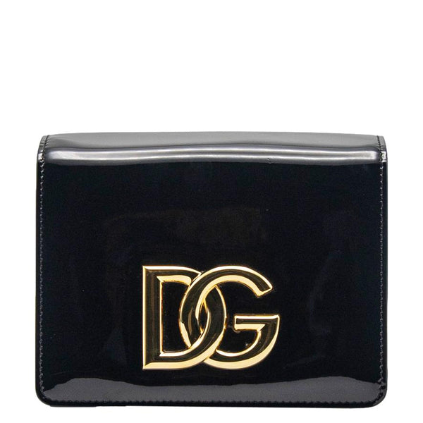 DOLCE & GABBANA Logo Patent Leather Crossbody Bag Black