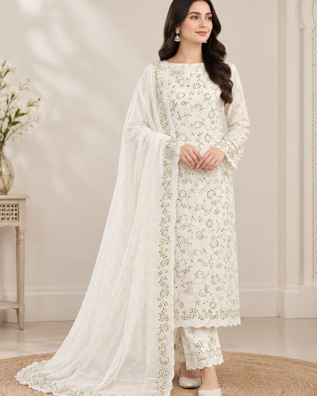 Fancy Bamber Chiffon with Full Jaal Golden Mukesh Work 2PC Unstitched