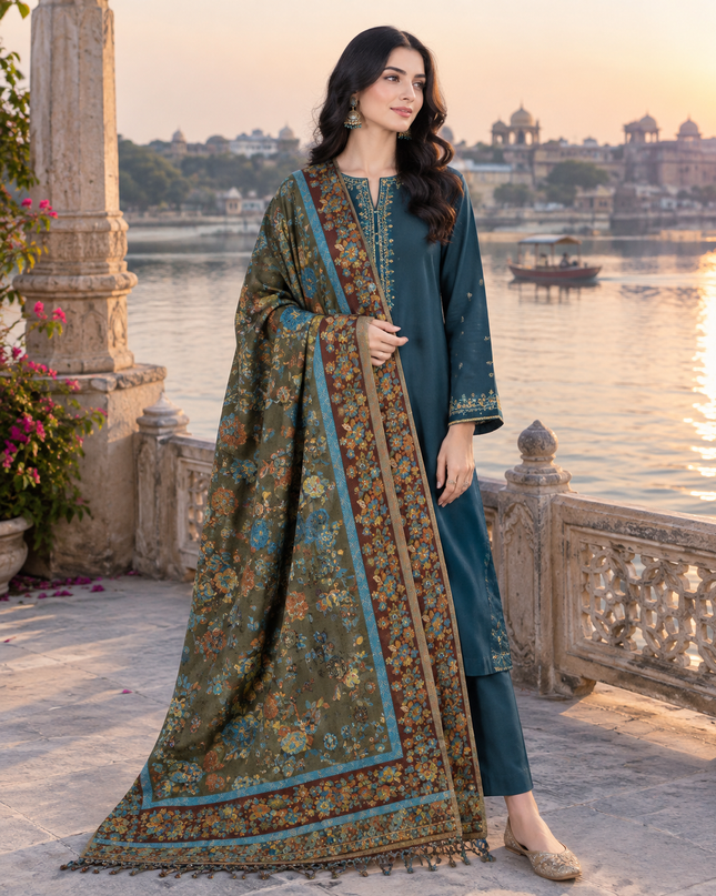 Premium Pure Indian Kani Moonlight Floral Garden - Shawl