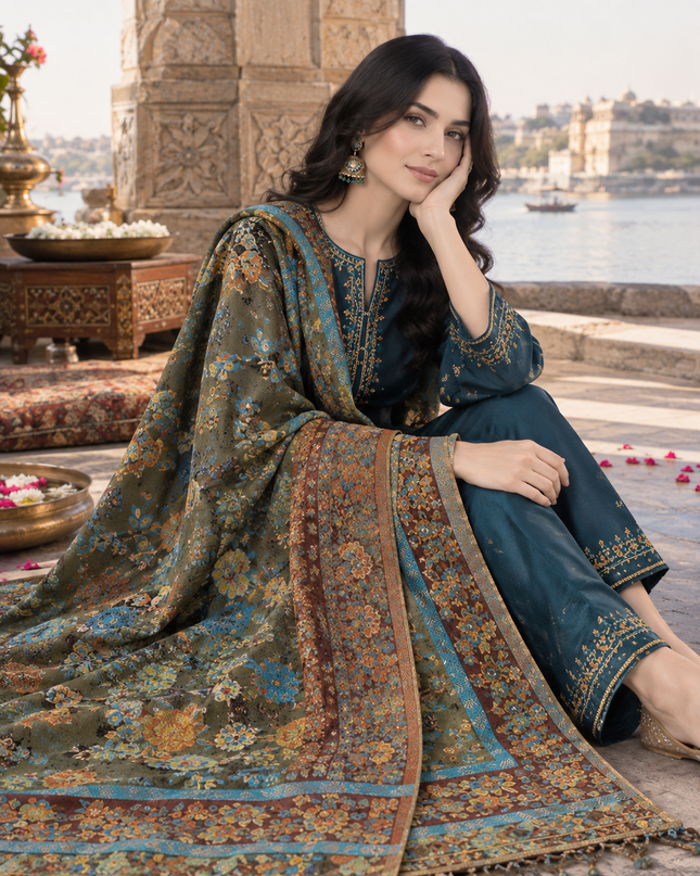 Premium Pure Indian Kani Moonlight Floral Garden - Shawl