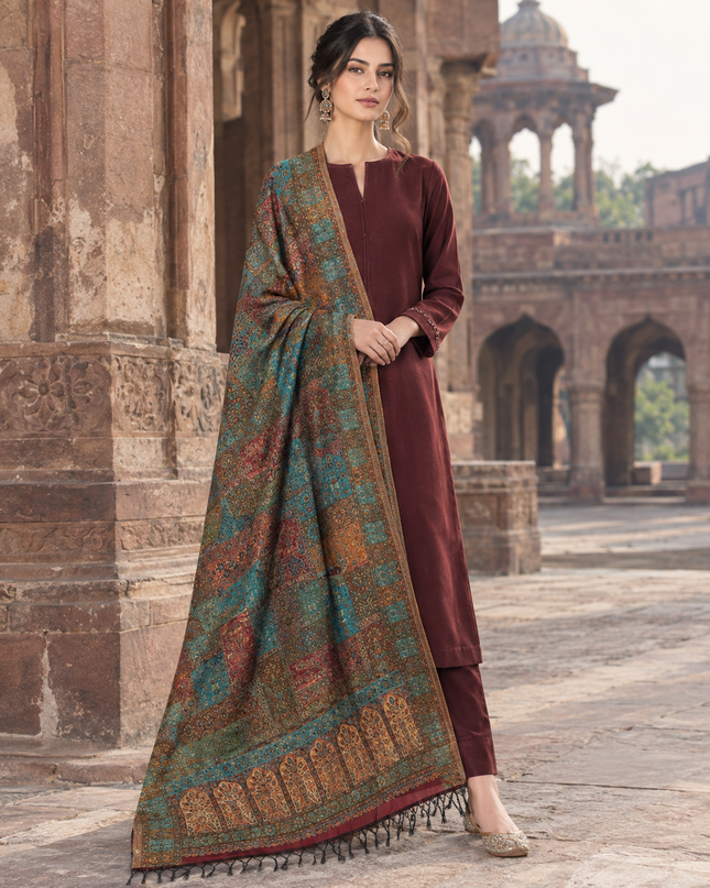 Mughal Mehrab Mina Kari - Pure Indian Kani Moonlight Shawl
