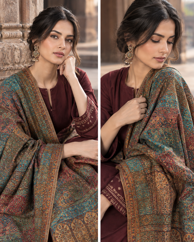 Mughal Mehrab Mina Kari - Pure Indian Kani Moonlight Shawl