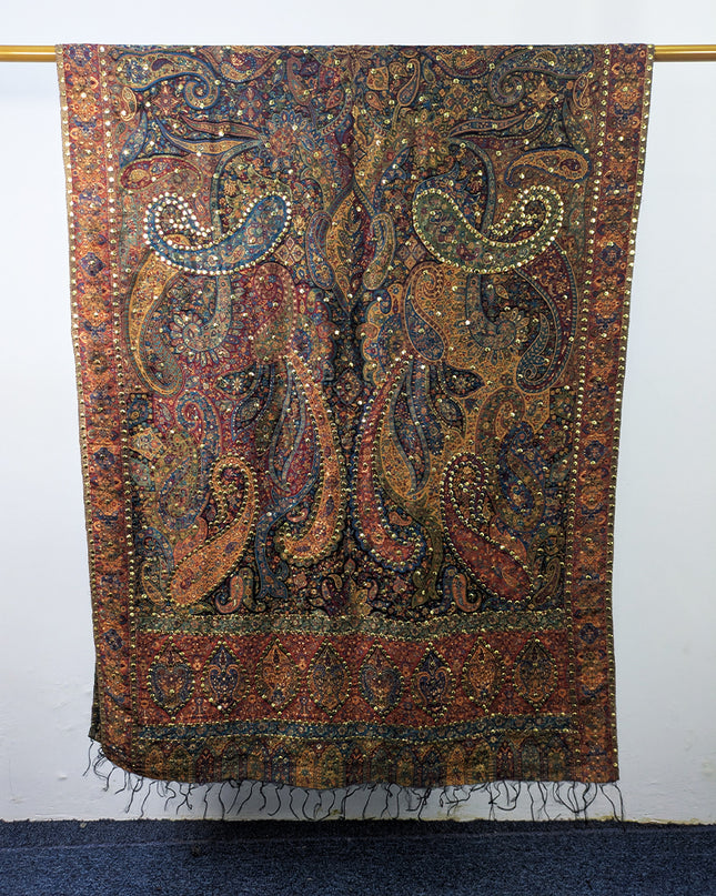 Exquisite Pure Kani Moonlight Shawl with Indian Golden Mukesh Work