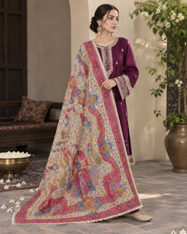Premium Pure Indian Kani Silk Shawl - Mughal Art