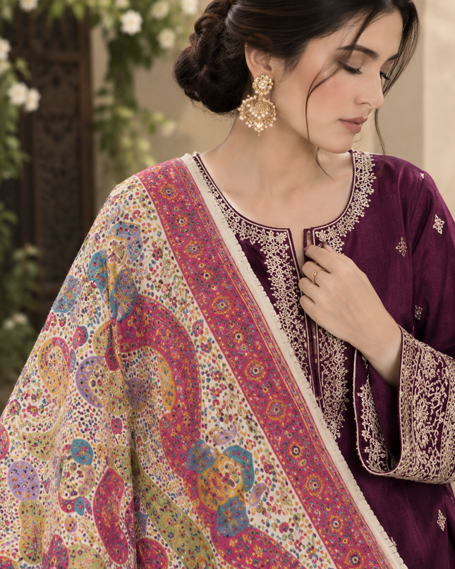 Premium Pure Indian Kani Silk Shawl - Mughal Art