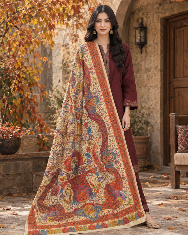 Luxury Pure Indian Dola Kani Silk Shawl - Mughal Art