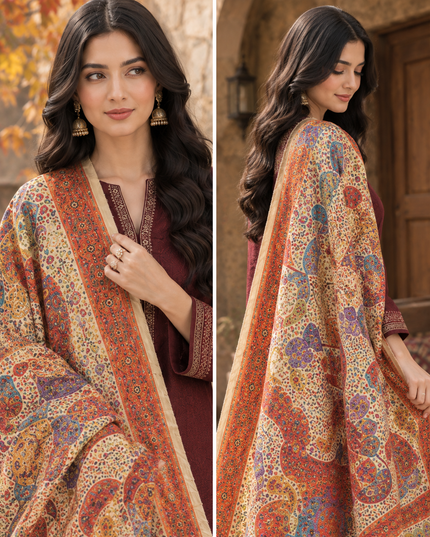 Luxury Pure Indian Dola Kani Silk Shawl - Mughal Art