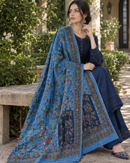 Exclusive Pure Indian Dola Kani Silk Shawl - Mughal Bagh