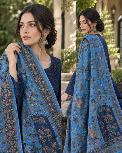 Exclusive Pure Indian Dola Kani Silk Shawl - Mughal Bagh