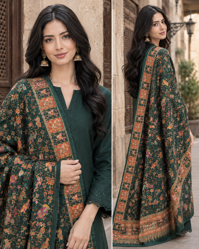 Premium Pure Indian Dola Kani Silk Shawl - Mughal Shikargah
