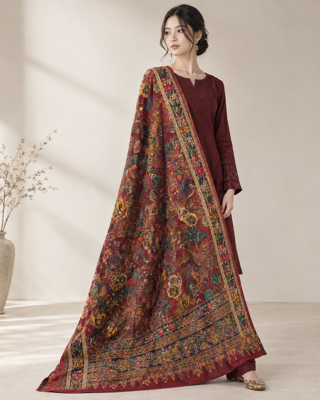 Fancy Pure Indian Dola Kani Silk Shawl - Maroon MeenaKari Jaal