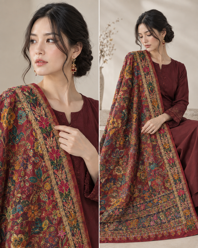 Fancy Pure Indian Dola Kani Silk Shawl - Maroon MeenaKari Jaal