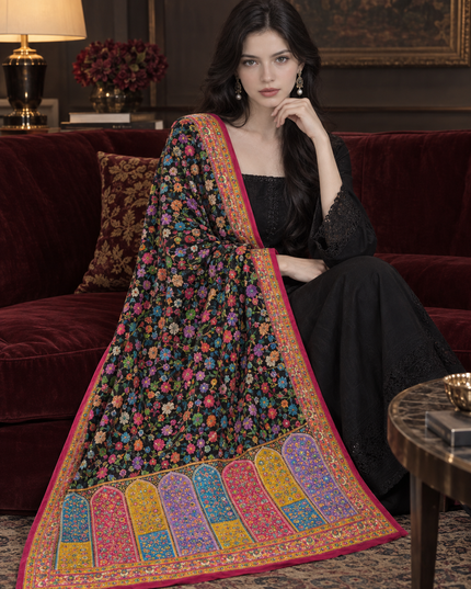 Exclusive Pure Indian Dola Kani Silk Shawl - Mehrab Floral Jaal
