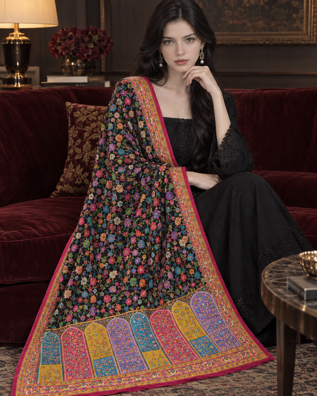 Exclusive Pure Indian Dola Kani Silk Shawl - Mehrab Floral Jaal