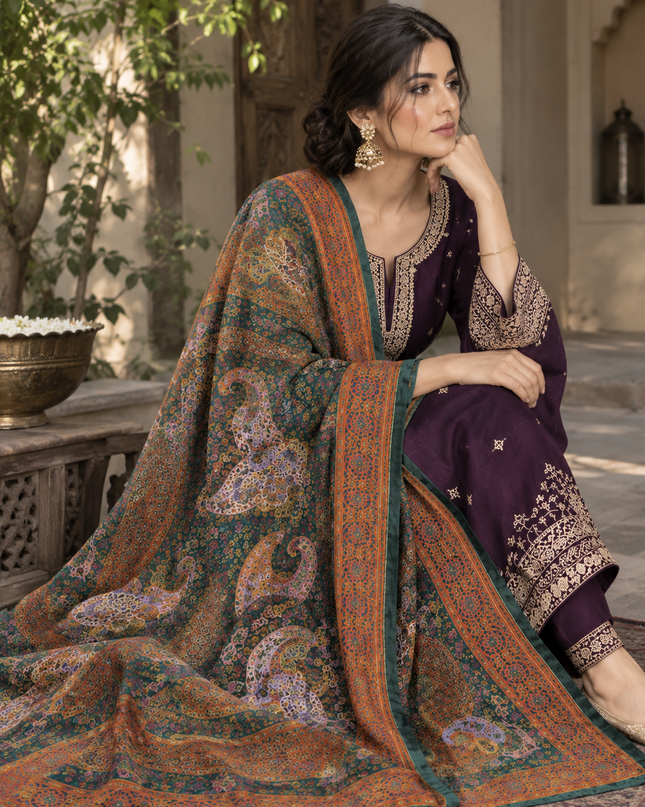 Dola Silk Kani  with Mughal Art Handmade Luxury Indian Shawl Elegant Traditional Indian Wra