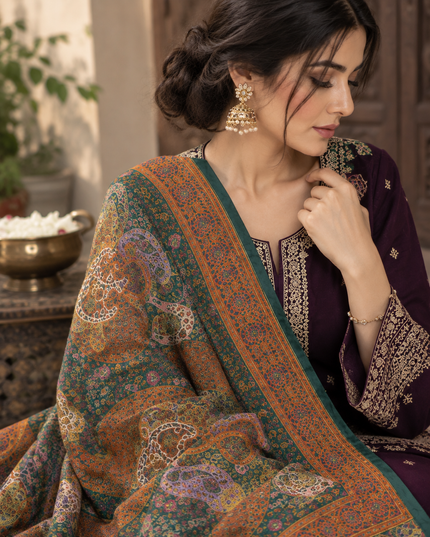 Dola Silk Kani  with Mughal Art Handmade Luxury Indian Shawl Elegant Traditional Indian Wra