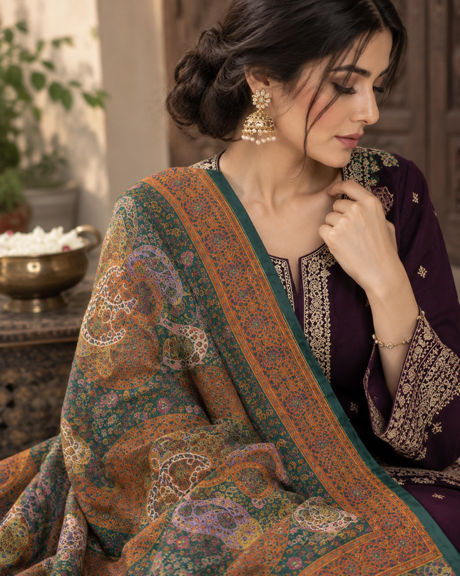 Dola Silk Kani  with Mughal Art Handmade Luxury Indian Shawl Elegant Traditional Indian Wra