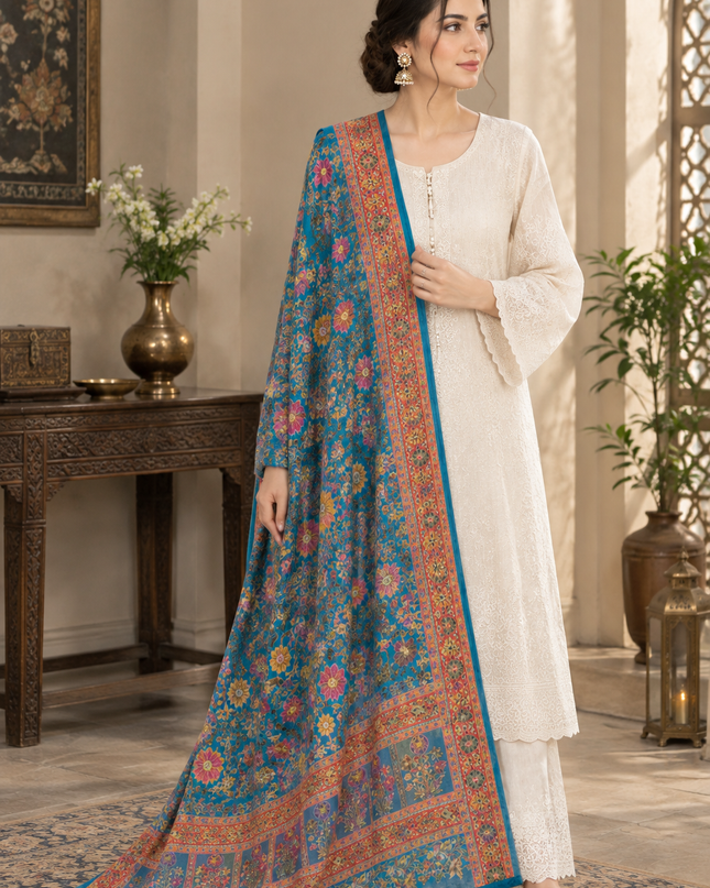 Exclusive Pure Indian Moonlight Kani Silk Shawl - Full Jaal Meenakari