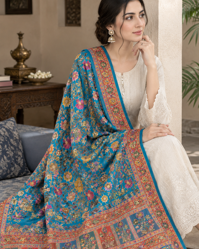 Exclusive Pure Indian Moonlight Kani Silk Shawl - Full Jaal Meenakari