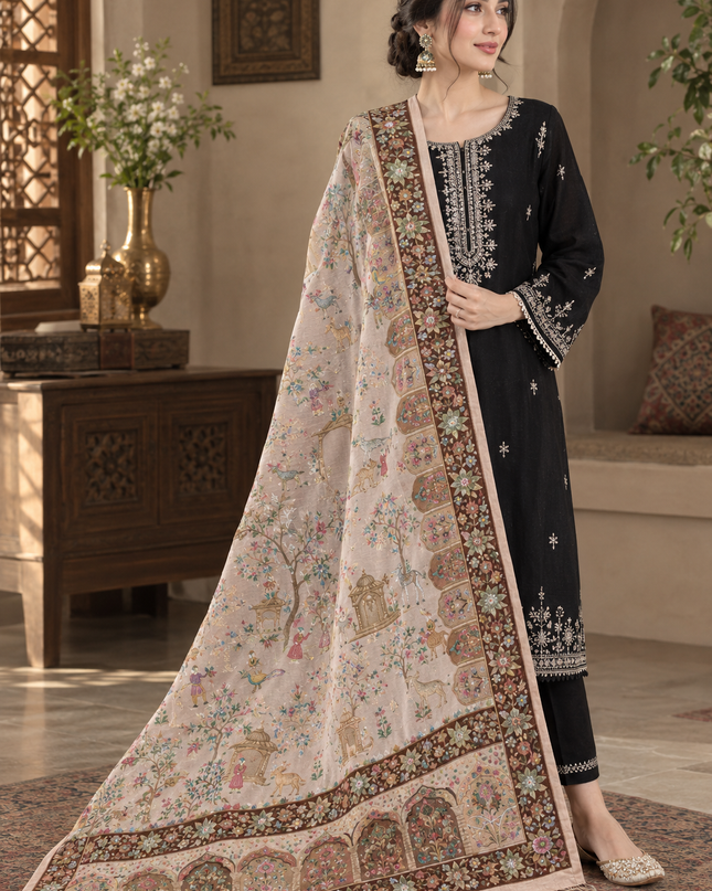 Handcrafted Dola Silk Kani Shawl -Shikaargah Meenakari Luxury Wrap