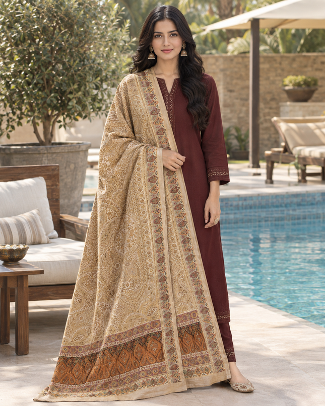 Luxury Pure Indian Dola Kani Silk Shawl - Jamawar Paisley