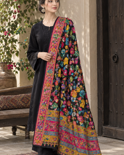 Exquisite Pure Indian Moonlight Kani Silk Shawl - Black Papier Mache
