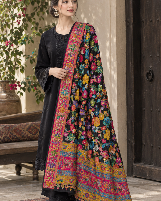 Exquisite Pure Indian Moonlight Kani Silk Shawl - Black Papier Mache