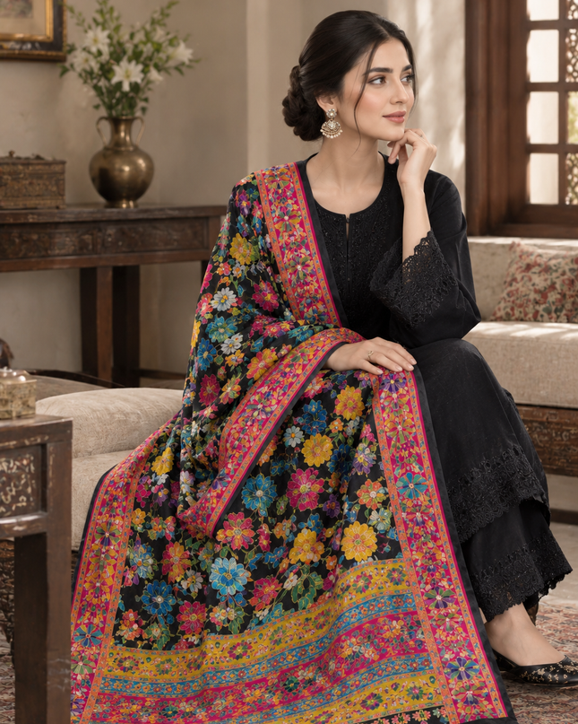 Exquisite Pure Indian Moonlight Kani Silk Shawl - Black Papier Mache